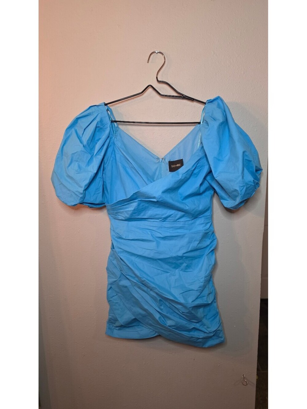DO+BE Blue Puff Sleeve Ruched Mini Dress Size Large V-Neck Cottagecore